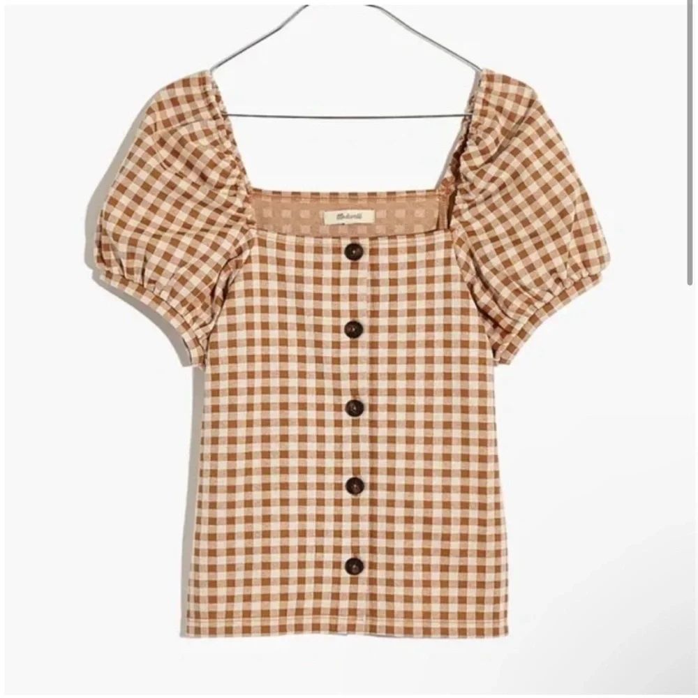 Madewell Cream and Brown Gingham Square-Neck Blouse